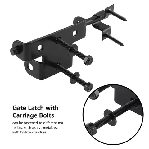Front view of heavy duty slide bolt gate latch with padlock hole, thickened metal design for wooden fence, barn, shed doors