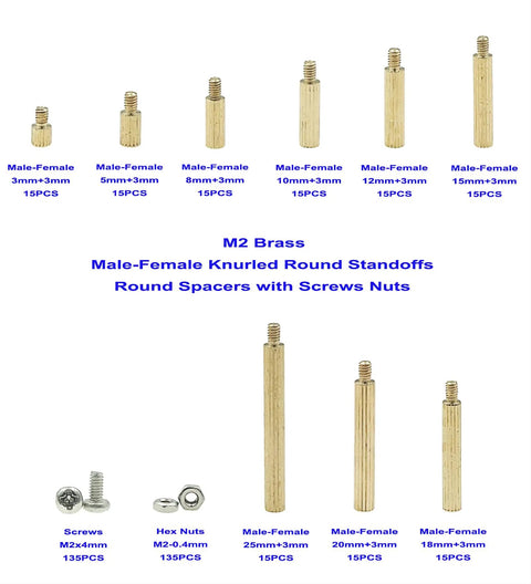 Top Shelf Brass M2 Knurled Standoff And Threaded Spacer Assortment Kit With Sweet Steel Hex Nuts Screws Clips For Pcb Motherboard Electronics Projects And Home Repairs showing various sizes of brass male-female standoffs.