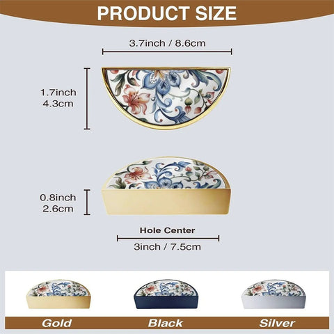 Watercolor Floral Vine Cabinet Handles 2 Pack, 3-Inch Hole Center Semicircle Drawer Pulls size guide in gold, black, and silver.