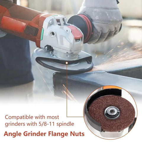 Job Ready Drop In Quick Change Angle Grinder Flange Lock Nuts for use with 5/8-11 inch spindle, on angle grinder cutting metal.