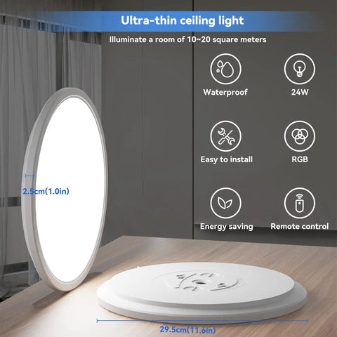 RGB LED Ceiling Light 12 Inch, 24W 5000K Dimmable Flush Mount With Remote displayed side and front view on wooden table