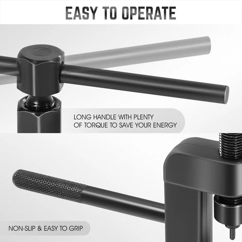 Chain Breaker And Rejoiner Tool With C Frame Includes Three Anvils And Three Break Pins Fits Most Drive And Cam Chains From 35 Through 630 Ideal For Dirt Bikes ATVs Motorcycles And Red with easy grip handle and long lever arm for efficient use.