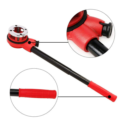 Beefy Heavy Duty Manual Pipe Threader Kit With Four Die Heads Ratchet Handle And Hard Case For One Half Inch To One And A Quarter Inch Pipes Built Tough A Real Workhorse For Quick Clean Threads On Real World Plumbing Jobs showing close-up of ratchet handle with red grip and tubular steel body