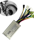 Check Out This Sine Wave E Bike Controller For 36V Or 48V Systems That Boasts 250W Power And Handles 17 Amps Like A Boss While Keeping Your Brushless Motor Silky Smooth With Less Vibration And Major Durability. silver aluminum e-bike controller with multicolor wires and connectors