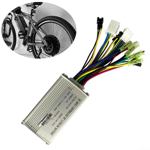 Check Out This Sine Wave E Bike Controller For 36V Or 48V Systems That Boasts 250W Power And Handles 17 Amps Like A Boss While Keeping Your Brushless Motor Silky Smooth With Less Vibration And Major Durability. silver aluminum e-bike controller with multicolor wires and connectors