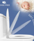 Elongated Toilet Seat With Built In Toddler Seat And Soft Close For Easy Potty Training, showing soft-close feature next to sleeping baby.