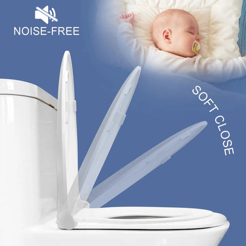 Elongated Toilet Seat With Built In Toddler Seat And Soft Close For Easy Potty Training, showing soft-close feature next to sleeping baby.
