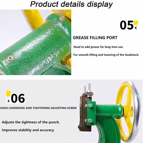 Grease filling port and adjusting screw of 0.4 Ton Cast Iron Arbor Press Nuts Down Any Job with Ease for better operation.