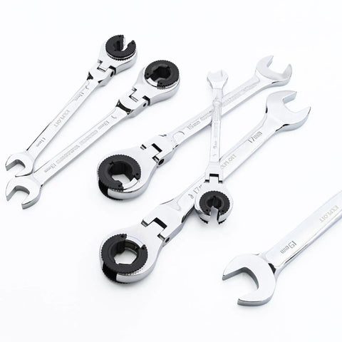 72-Tooth Ratcheting Wrench Set With Open Flex-Head, 180-Degree Pivot, And 12-Piece Tubing Wrench Kit, chrome finish displayed