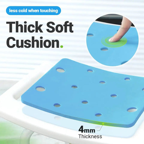 Close-up of thick soft cushion on shower stool with 350 pound capacity, adjustable height bath chair with padded seat for seniors.
