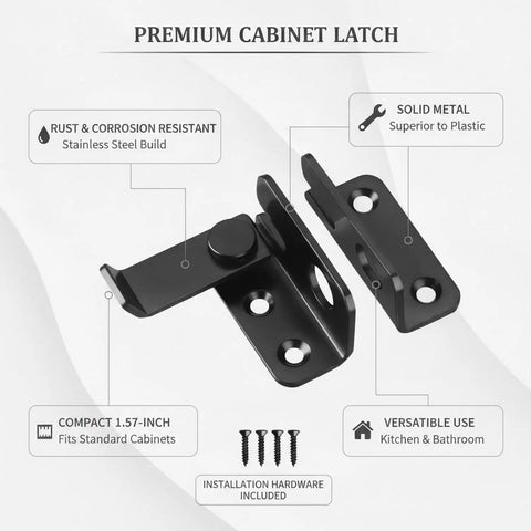 Heavy Duty Stainless Steel Slide Bolt Latch Locks Gates And Sheds Shut Tight Keeps Doors From Swinging Loose Rust Proof Security Hardware That Simply Stays Put, compact black latch with installation screws.