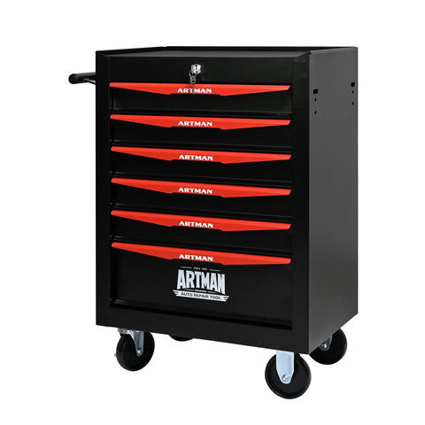 Heavy Duty 20 Inch Rolling Metal Toolbox Cabinet With Six-Drawer Ball Bearing Slides, Steel Tool Storage Organizer In Black And Red For Workshop And Garage