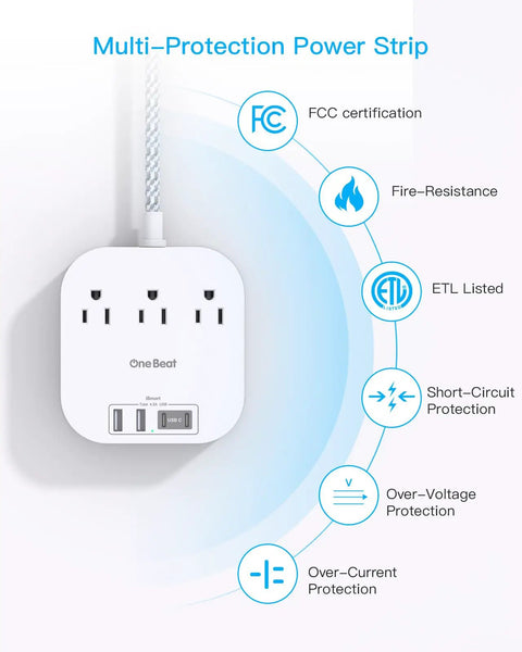 Power Strip With USB C And USB Ports For Travel 3 Outlets And 4 USB Ports 22.5W Fast Charging Flat Plug 5ft Braided Extension Cord No Surge Protector ETL Listed Great For Cruise Ships Office And Home showing certifications and protections