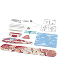 Rubber Band Aeroplane High Wing STEM Kit Lets You Fly Your Own Plane With A Handy Learning Booklet And Activities Battery Free For Indoor Or Outdoor Fun Includes Display Stand To Show Off Your Design Ages 14 Plus, parts laid out