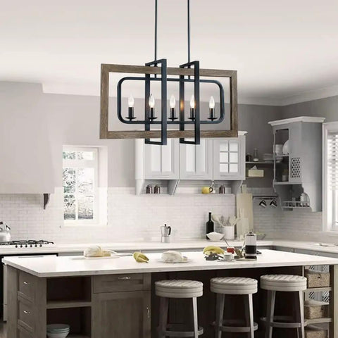 Farmhouse Chandelier Light Fixture With Five Lights In Antique Bronze Oaky Painted Finish over kitchen island
