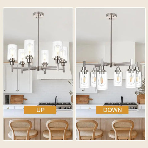 Six Light Contemporary Brushed Nickel Chandelier With Clear Glass Cylinder Shades Modern Pendant Lighting Fixture in kitchen