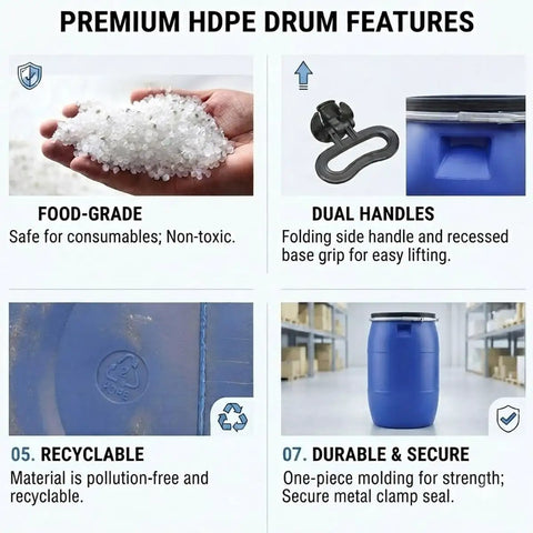 Go-To Outdoor Rain Barrel Rain Drum 30L 50L 60L 65L 100L 120L 160L 200L Blue Food Grade HDPE Plastic With Tight Lid Airtight Seal features