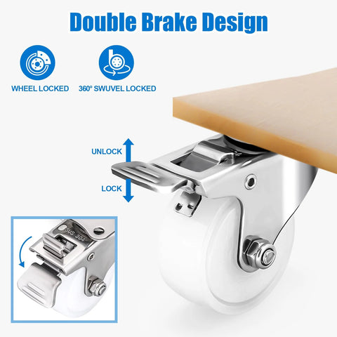 Fixhando 2-inch stainless steel caster wheels, set of 4, PA wheels, dual brake design, installed on furniture