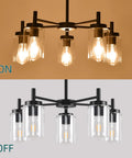 4 Light Black Dining Room Chandelier with Glass Shades on and off view, Farmhouse Contemporary Modern Pendant Ceiling Light