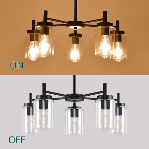 4 Light Black Dining Room Chandelier with Glass Shades on and off view, Farmhouse Contemporary Modern Pendant Ceiling Light