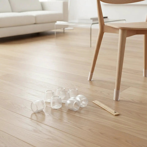 Clear Trim To Fit Furniture Leg Protectors With Adjustable Glides PVC Floor Pads For Hardwood Tile And Laminate Floors shown on chair legs.