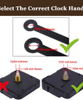 Diagram showing correct hand selection for upgraded battery operated clock mechanism with 1/2 inch shaft, ultra quiet silent sweep quartz movement.