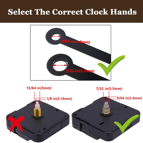 Diagram showing correct hand selection for upgraded battery operated clock mechanism with 1/2 inch shaft, ultra quiet silent sweep quartz movement.