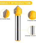 90 Degree V Groove Router Bit Set With One Quarter Inch Shank For DIYers And CNC Engraving Includes Four Cut Diameters One Quarter Inch Five Sixteenths Inch Three Eighths Inch And One Half Inch Ideal For Carving And Grooving showing carbide blade, protective coating, and 1/4-inch shank