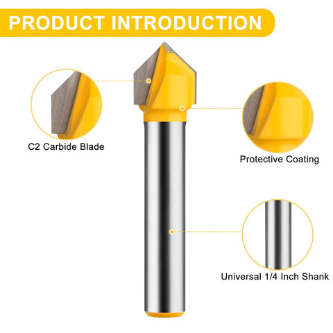 90 Degree V Groove Router Bit Set With One Quarter Inch Shank For DIYers And CNC Engraving Includes Four Cut Diameters One Quarter Inch Five Sixteenths Inch Three Eighths Inch And One Half Inch Ideal For Carving And Grooving showing carbide blade, protective coating, and 1/4-inch shank