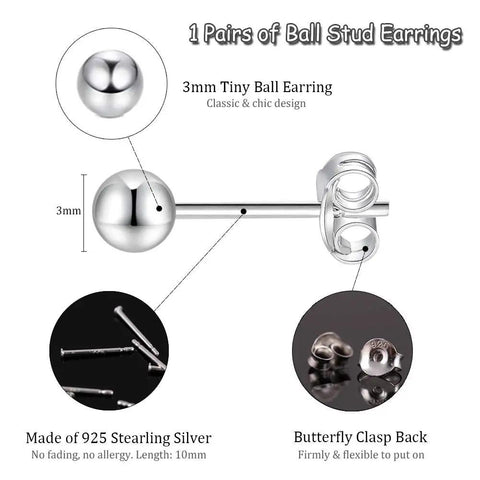 Sterling Silver Stud Earrings Unisex 3mm Small Round Ball Hypoallergenic Jewelry for Women and Men, Easy Everyday Wear, Low Key Minimalist Style, Durable Nickel Free Gift Idea. 3mm sterling silver ball stud with butterfly back