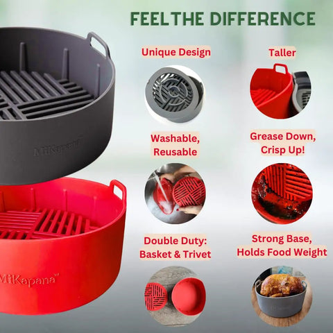 Sturdy Silicone Air Fryer Liners For 5 To 8 Qt Baskets, showcasing unique design, grill-shaped bottom, and double-duty feature.