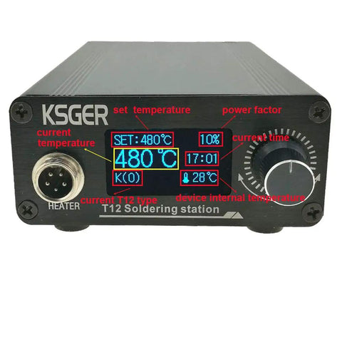 Front view of T12 Soldering Iron Station with OLED display showing 480C, aluminum alloy case, and temperature controls.