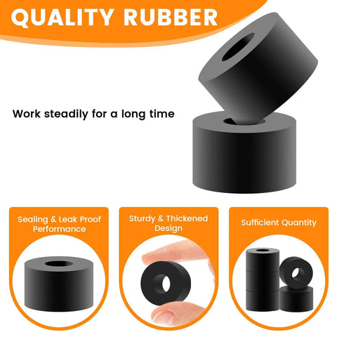 Set Of Eight Built Tough Black Rubber Spacers And Heavy Duty Backing Washers One Inch Outside Diameter With Three Eighths Inner Bore Thick Gasket Rings for sealing applications.