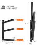 Diagram of a Wall Mount Wood Organizer And Lumber Storage Metal Rack For Shed Garage Or Workshop 3 Level 4 Pack, showing dimensions and weight capacity.