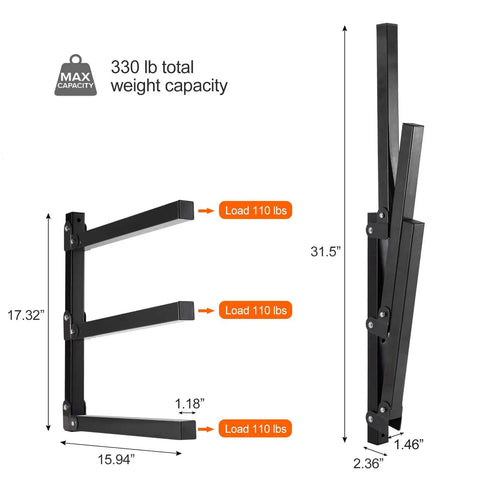 Diagram of a Wall Mount Wood Organizer And Lumber Storage Metal Rack For Shed Garage Or Workshop 3 Level 4 Pack, showing dimensions and weight capacity.