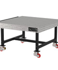 Rock Solid Mobile Welding Fixture Table 60X60X36 with heavy duty locking casters and laser cut grid holes, ideal for metal fab projects.
