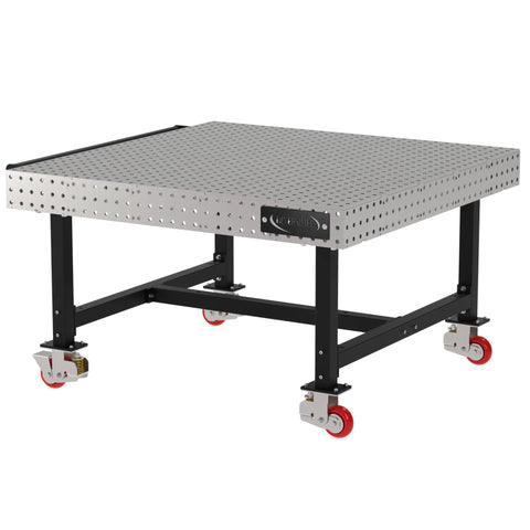 Rock Solid Mobile Welding Fixture Table 60X60X36 with heavy duty locking casters and laser cut grid holes, ideal for metal fab projects.