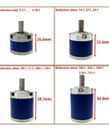 Heavy Duty 36Mm Planetary Gear Reducer For 545 550 Motors, showing four sizes and reduction ratios, compact design for efficient torque.