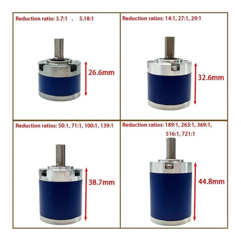 Heavy Duty 36Mm Planetary Gear Reducer For 545 550 Motors, showing four sizes and reduction ratios, compact design for efficient torque.
