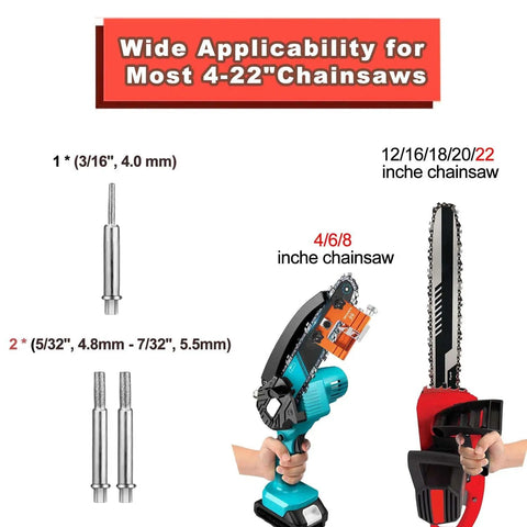 Chainsaw Sharpener Jig Kit Pro Grade Portable Sharpening Tool With 3 Grinding Stones And Cleaning Brush shown with chainsaws