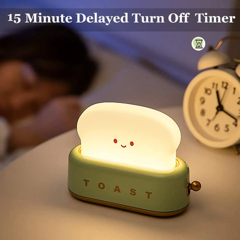 Cute Toast Lamp With Smile Face Night Light LED dimmable bread light on bedside table with 15-minute timer indicator