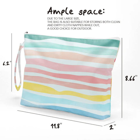 Waterproof Wet Dry Bag Large Travel Organizer Zip Pouch with multicolor stripes and hangable handle, 11.8x8.66x2 inches.