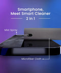 Close-up of 2 Pack Car And Device Screen Cleaner Spray And Wipe 2 In 1 Touchscreen Mist Cleaner with microfiber cloth on smartphone