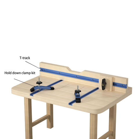Premium Strike Two Pack Twenty Four Inch Extruded Anodized Aluminum T Tracks With Hold Down Clamps And Screws on workbench.