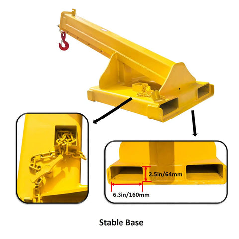 Heavy Duty Forklift Jib Boom Crane With 8800 Pound Lifting Hoist And 7.8 Foot Telescopic Reach showing stable base and hook.
