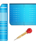 Hassle Free No Sweat Cabinet Hardware Template With Auto Center Hole Punch For Drawer Pulls and Handles, blue acrylic board with measuring templates.