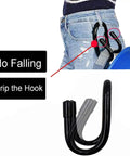 Universal Over The Seat Hard Hat Rack And Headrest Hook displayed gripping belt loop with text 'No Falling' and 'Grip the Hook' emphasized.