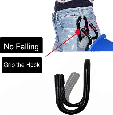 Universal Over The Seat Hard Hat Rack And Headrest Hook displayed gripping belt loop with text 'No Falling' and 'Grip the Hook' emphasized.