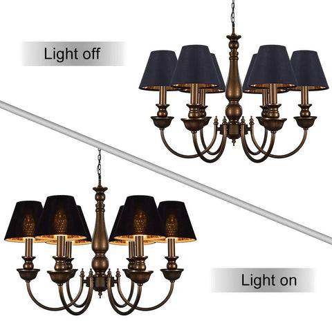 Two chandeliers with Clip On Chandelier Lamp Shades For Candelabra Bulbs Only, 3 Inch Top Diameter, 6 Inch Bottom Diameter, 5 Inch Tall.