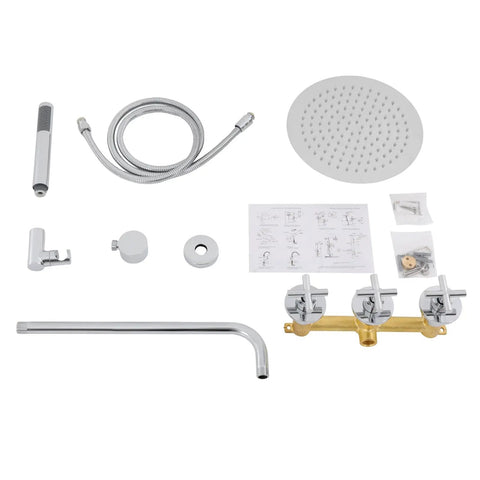 Shower System 10 Inch Wall Mounted Rain Shower with Handheld Spray Combo accessories including chrome parts and installation guide.